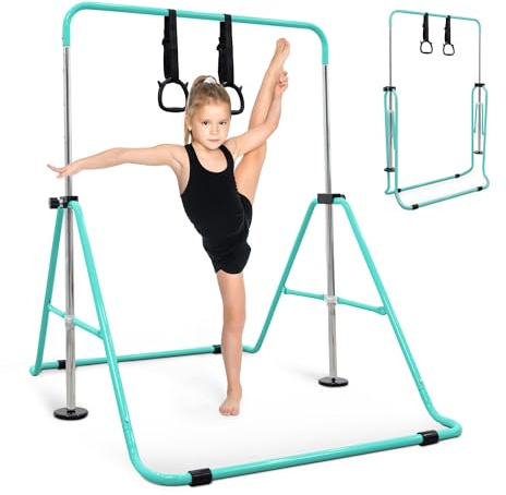 KAYMAN Kids Gymnastics Horizontal Bar, Adjustable 89-129cm, Rings & Wrap | Heavy-duty steel, non-slip rubber base, foldable for storage, powder-coated, for home, strength & flexibility training