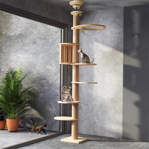 Mekidulu Kattklösstolpe takspännare hög, 11 cm brett sisalrep för klösstolpe, rymdkapsel, kattbur, 4 plattformar, justerbar höjd, klösstolpe takhöjd (240~280 cm