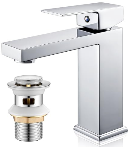 Basin Tap with Waste, Bathroom Mixer Tap Chrome Single Lever Bathroom Faucet, Modern Cloakroom Faucet 1 Hole, with G1/2 UK Standard Hoses