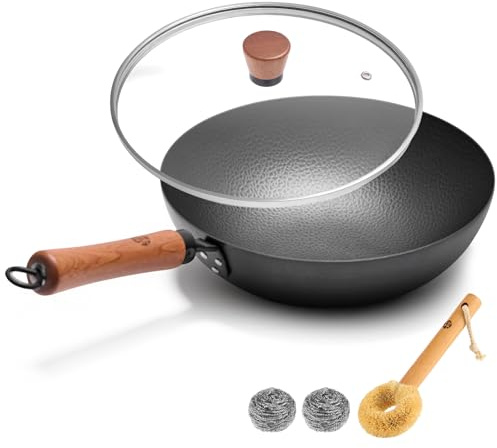 WANGYUANJI 28 cm rund botten wok, kolstål wok med trähandtag och glaslock, fysisk non-stick gasspis, endast för öppna flammor