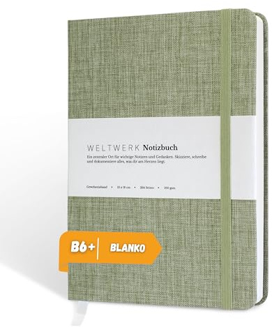 WELTWERK Carnet de notes B6+ [vierge, vert menthe] Carnet de notes de qualité supérieure avec papier 100 g/m², couverture en tissu et bande élastique – Petit carnet de notes avec 264 pages pour bullet