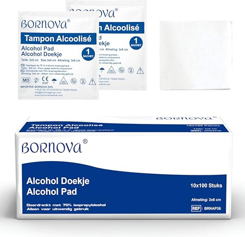 1000 UDS – Toallitas impregnadas – 3x6 cm para limpieza de la piel y objetos – Uso único – BORNOVA
