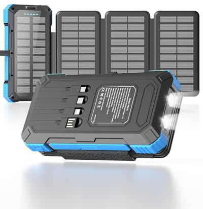 Kepswin Solar Charger Power Bank 49800mAh with 4 Built-in Cables & 3 Foldable Panels, PD22.5W Fast Portable Phone Charger, External Battery Pack with USB-C in/Output & Flashlight for Outdoor Camping