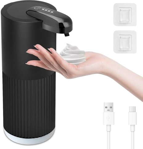 Cuteefun Dispensador Jabon Baño Automatico, 400ml Recargable Dosificador Jabon Espuma, 4 Niveles Ajustables, Montaje en Pared, Impermeable IPX5, Sensor Infrarrojo Sin Contacto para Cocina, Negro