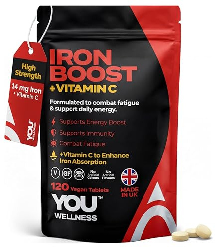You Wellness Iron Tablets 14mg With 330mg Vitamin C - High Strength Iron Supplements For Women & Men | Essential For Energy Support, Absorption & Tiredness | Vegan, Non-GMO & Gluten Free | 120 Tablets