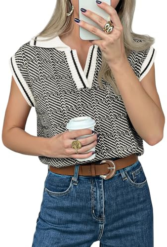 Saodimallsu Womens Short Sleeve Sweater Tops V Neck Polo Shirts Summer Casual Loose Knit Color Block Sweater Vest Black