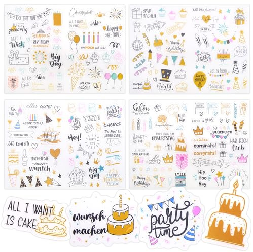 OVBOVA Set de pegatinas de cumpleaños – 8 hojas con más de 350 adhesivos para libro de firmas, álbum de fotos y scrapbooking – Pegatinas de cumpleaños en 4 diseños para decoración creativa