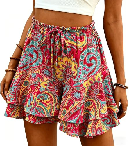 ABYOVRT Short Femme Eté Jupe-Culotte Taille Haute Short Court Elégant à Volants Fluide Pantalon Court de Plage Casual pour Vacances,S-XXL
