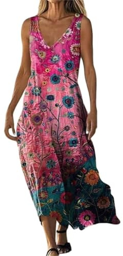 Robe Longue Femme - Été Fleurie Robe Maxi Lin Coton Bohème Robes Vintage de Plage Col V sans Manche Fluide Vêtements Ultra Confortables pour Soirée Bal Mariage Invitée Élite Vêtements
