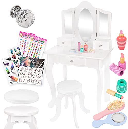 Kinderplay Green Schminktisch aus Holz für Kinder – Mit 3 Plexiglas-Spiegeln, Hocker & Zubehör – Rollenspiel für Mädchen ab 3 Jahren – Weiß, 60 cm Breite – GS3302