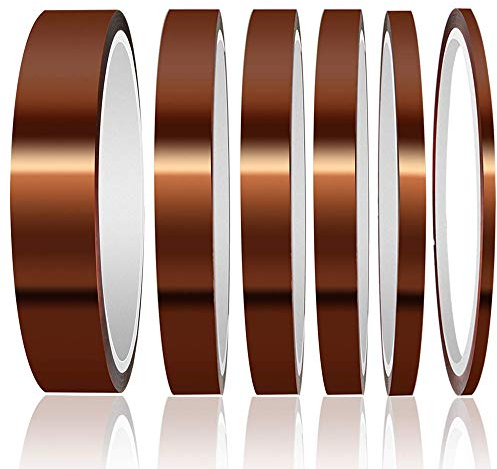 Gebildet 6Rollos Cinta Kapton, Cinta Adhesiva de Alta Temperatura, Poliimida Cinta Resistente al Calor para Soldar, Recubrimiento en Polvo, Placa de Circuito Aislantes (3/6/8/10/12/20 mm x 33m)
