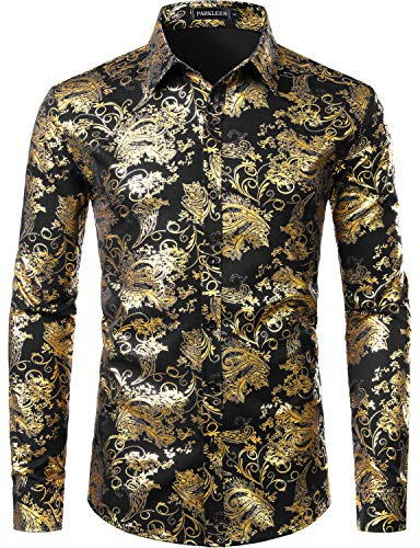 PARKLEES Herren Luxus Paisley Gemustert Golden Glänzend Slim Fit Freizeithemd ZLCL18 Weiß Golden M
