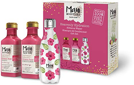 Maui Moisture Geschenkset Vegan Shampoo und Conditioner Set mit wiederverwendbarer Wasserflasche, Hibiskus & Aloe Vera