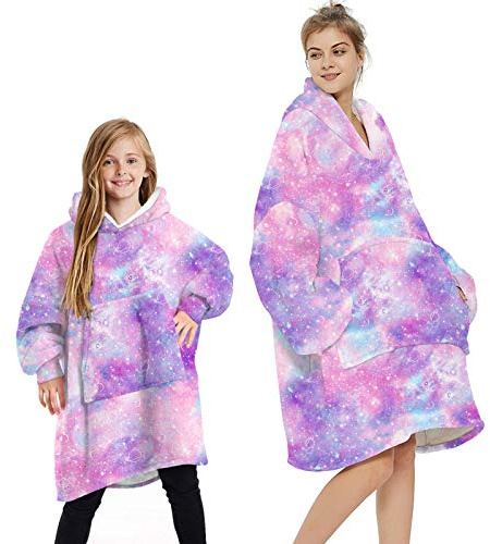 L&ieserram Oversized Oodie Blanket Hoodie Fluffy Fleece Hoodie Blanket for Women Men Kids Wearable Hooded Blanket with Big Pocket (Galaxy - Purple, 7-12 Years)