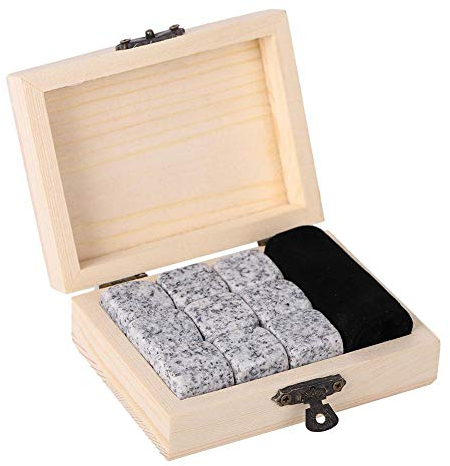 Pierres à Whisky Réutilisables 9 pièces Whiskey Rocks en Granit Glaçons Pierres Whisky Ensemble de Cadeaux Pierres avec Coffret en Bois et Sac en Velours