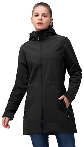 33 000 fot softshelljacka, dam, lång övergångsjacka, vattentät, vindtät, softshellrock, windbreaker, andningsbar, vandringsjacka, utomhuskappa med avtagbar huva, svart, XS