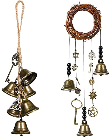 Prefdo Campanas de bruja para perilla de puerta para protección, kit de 2 campanillas de viento de bruja, corona hecha a mano, decoración Wiccan para perilla de puerta del hogar