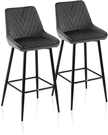 TUKAILAI Barhocker 2er Set 75cm, Barstühle Samt, Küchenhocker mit Rückenlehne Gepolstertem Sitz Metallbeinen Fußstütze, Tresenhocker Bistrohocker für Küche Bars Esszimmer Restaurants, Grau