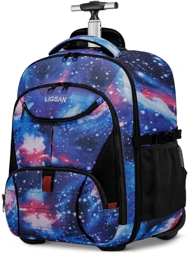 Schulranzen mit Rollen Schultrolley Laptoptasche 17.3 Zoll Laptop Rucksack mit Rollen für Studenten Männer Frauen Wasserdicht Reiserucksack Trolley mit Rucksackfunktion Handgepäck, Galaxie-Blau