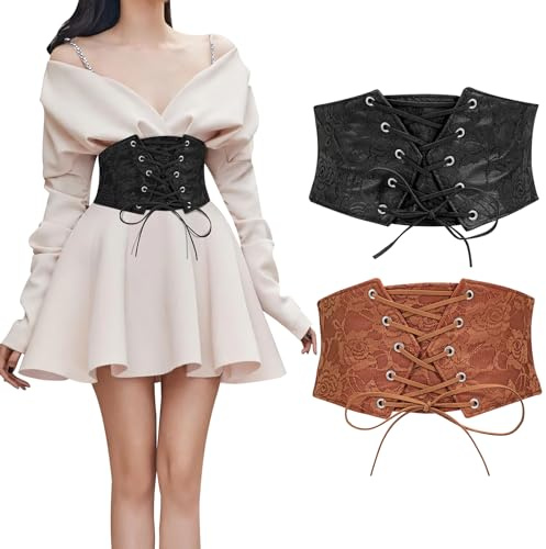 WERFORU 2 unids damas corsé Tied Waspie cinturón Halloween elástico ancho cinturón para vestidos, Negro + café., Passend für Taillengröße 60-70cm