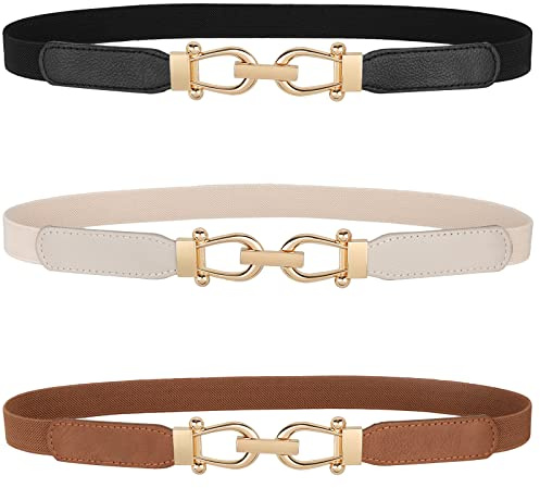 JASGOOD Women Skinny Elastic Belt for Dresses,Thin Retro Stretch Waist Belt with Golden Buckle 3 Pack(Black+Brown+Beige,Fit Waist Size 33-40 inch)