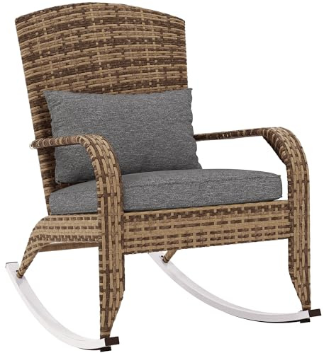 Outsunny Outdoor Wicker Adirondack Rocking Chair, Patio Rattan Rocker Chair with High Back, Seat Cushion, and Pillow for Garden, Porch, Balcony, Gray
