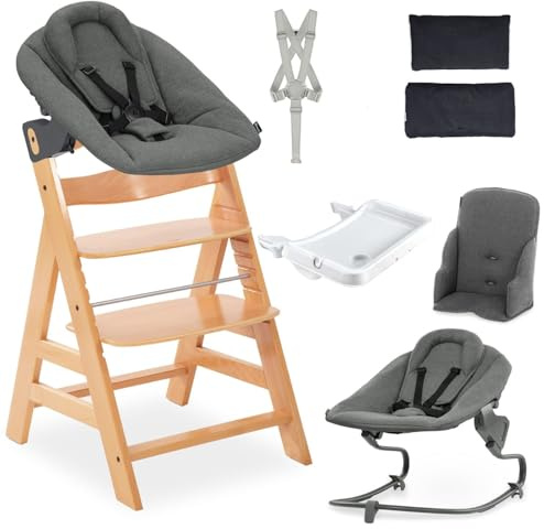 hauck Chaise Haute Bébé Evolutive en Bois Alpha XXL Set - dès la Naissance avec Transat Bebe Premium, Harnais 5 Points, Plateau Repas et Réducteur de Siège – Naturel