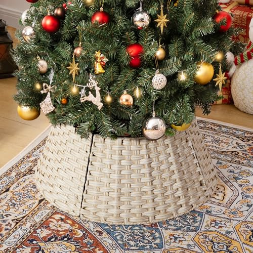 GRANNY SAYS Korgflätad julgranskjol för juldekoration, Dekorativ vävd korg för julgranens fot, Woven Tree Skirt for Holiday Decoration, Julgransfot 57 cm i diameter - Vit