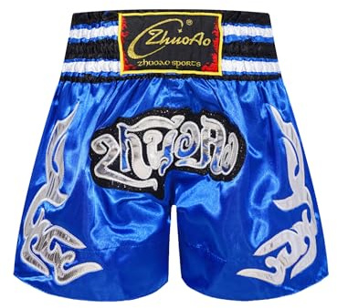 TiaoBug Enfant Garçon Muay Thai Short Boxe Pantalon Court MMA Kickboxing Fitness Training Fight Short d'Entraînement Pantalons de Sport Fitness Musculation 5-16 Ans Bleu 13-14 Ans