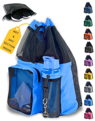 JIMJOOS Drawstring Mesh Swimming Bag - 25L Waterproof Swim Bag with Wet/Dry Compartment, Multifunctional Sports Backpack for Kids, Adults, Swimming, Surfing, Beach, Gym (Blue)