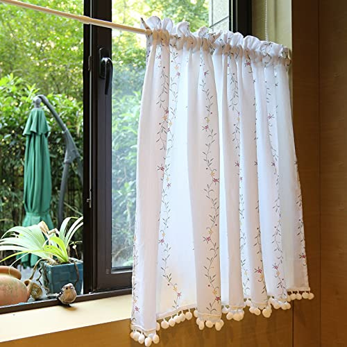 A.Monamour Tenda Corta per Finestra Piccola - Ricamo Di Fiori Botanici In Cotone Bianco - Cucina, Bistrot, Caffè - Mezza Tenda, Mantovana, Vetro, Pannello, Porta Armadio