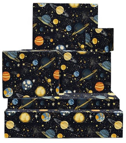 Papel de regalo espacial - 6 hojas de papel de regalo Galaxy - Planetas y estrellas - Papel de regalo negro - Regalos del espacio exterior para niños y niñas - Viene con pegatinas - Por Central 23