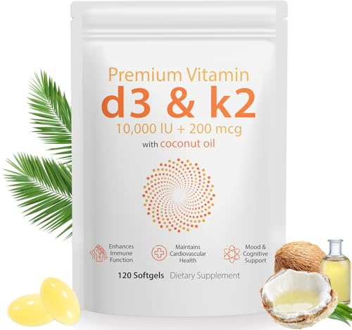 120 Count Vitamin D3 K2 Supplement Softgel, 2 in 1 Vitamins D & K Complex, Vitamin D3 K2 10000 IU Coconut Oil Supplement Softgel, Immune, Heart Health Support