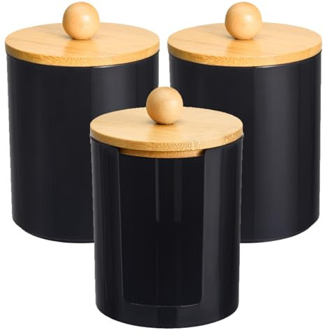 BRTNUP 3 Stück Wattestäbchen Behälter Schwarz Wattepads Behälter Wattepadspender Acryl Qtip Behälter mit Bambusdeckel Wattepads Aufbewahrung Badezimmer Kanister (Schwarz)