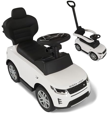 Lemodo Rutschauto ab 1 Jahr – Rutscherfahrzeug weiß Kinderfahrzeug mit Schiebestange und Sicherheitsbügel, Rutscherauto mit Staufach und Sound-Lenkrad, Lizenziertes Kinderspielzeug von Land Rover