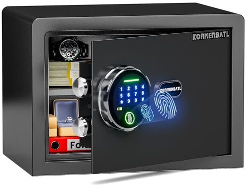 KornerBatl Smarter biometrischer Tresor mit Fingerabdruckschloss, kleiner Safe mit Silent-Modus, beleuchtetem Tastenfeld und LED-Innenlicht für Wertsachen