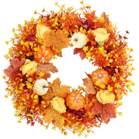 Cyiecw 40 cm konstgjord höstkrans för ytterdörr och inomhus, höstdekoration, skördekrans med lönnblad och pumpa, väderbeständig plastdörrkrans för halloween, Thanksgiving, jul