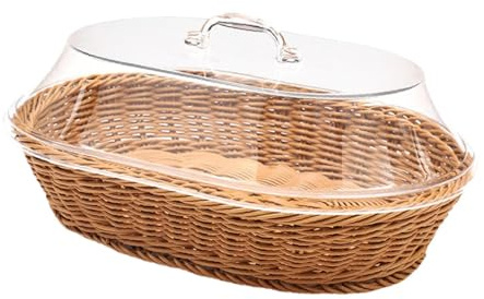PawwJoy Cestino per il pane intrecciato con coperchio, vassoio da portata per alimenti, contenitore per frutta in vimini, imitazione rattan per tavolo, colazione, verdure, 25 x 35 cm