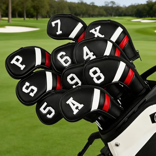 Golf Zippered Iron Club Head Covers 10pcs 4-9,P,A,S,X Right Hand Black&White&Red PU Leather