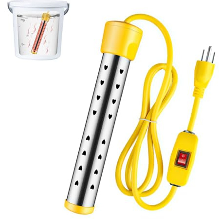 Dexmary Immersion Water Heater Electric, 1500W Bucket Heater with 304 Stainless Steel, Automatic Power Off, Fast Heating Submersible Water Heater for Bucket Bathtubs and Basin, Yellow
