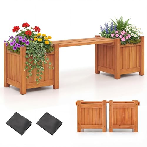 FANTASK Panchina da giardino con 2 fioriere a 2 posti, con fioriera, panchina da parco in legno massiccio, per giardino, balcone e terrazza (arancione, 105 x 26,5 x 29,5 cm)