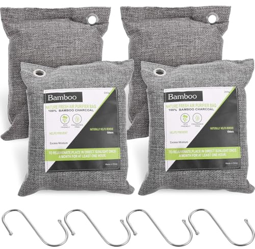 GAROZATION Set 4 Sacchetti di Carbone di Bambù Attivo Non Tessuto, Deodorante Assorbi Odori e Umidità per Scarpe, Armadi e Auto, Purificatore D’aria Portatile per Ambienti Domestici e