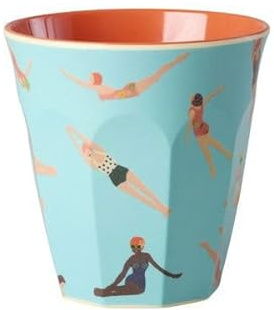ReWu RICE melaminmugg liten – blå simmare design – orange inuti – H 9 cm Ø 9 cm – lätt drickkopp för barn och vardag – utomhus/camping – max. 70 °C