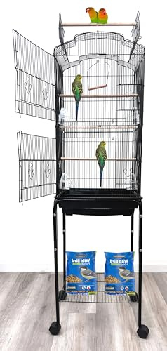 Large Open/Close Play Perch Stand Top Side Nesting Box Doors Canary Parakeet Cockatiel Lovebird Finch Roof Top Bird Cage with Removable Rolling Stand
