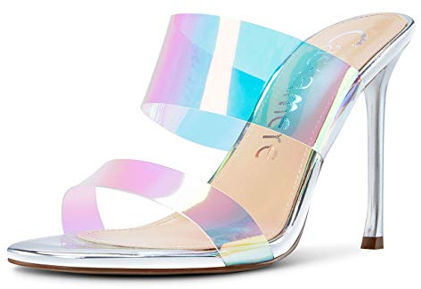 Castamere Escarpins Femme Bout Ouvert Sandales Mode Transparent Aiguille Talon 10CM Heels Argent Chaussures EU 42