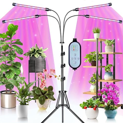 KEAWEO Plant Grow Light, Grow Lights with Tripod Stand, 120LED Grow Lamp Full Spectrum for Indoor Floor Plant, 10 Dimming Level & 4 Heads Grow Lamps with Timer for Seedlings and Succulents