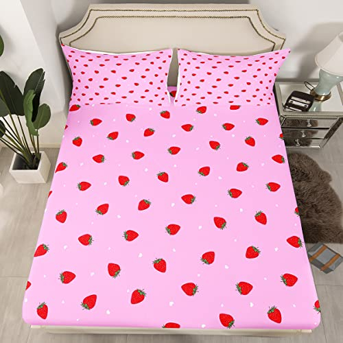 Homewish Erdbeere Bettwäsche Kawaii Zimmer Dekoration Spannbettlaken für Frauen Mädchen Kinder Kawaii Bettwäsche 140x200 Rosa Kawaii Erdbeere Dekor Spannbettlaken, mit 1 Bettbezug + 1 Kissenbezügen