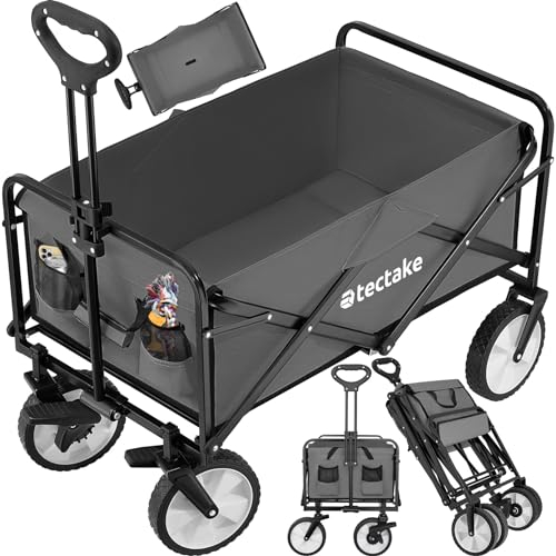 tectake® Carro Plegable para Jardín, Carro Transporte en Acero, Carrito Playa con Asa Telescópica, Carretilla Jardín con Lona Extraíble, Carro Camping Multiuso con Bolsa Transporte, Carga 80 kg, Gris