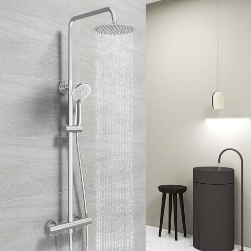 Acezanble Duschsystem mit Thermostat 38 °C, Edelstahl-Duschsäule mit Badmischer, 20x20CM Duschkopf, 3 Strahlarten Duschkopf, Rund, Chrom