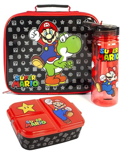 Super Mario Lunchbox-Set für Kinder | Yoshi Kinder-Schulessenstasche, BPA-freie Wasserflasche 580ML & Snack-Topf | Gamer Merchandise Geschenke Einheitsgröße